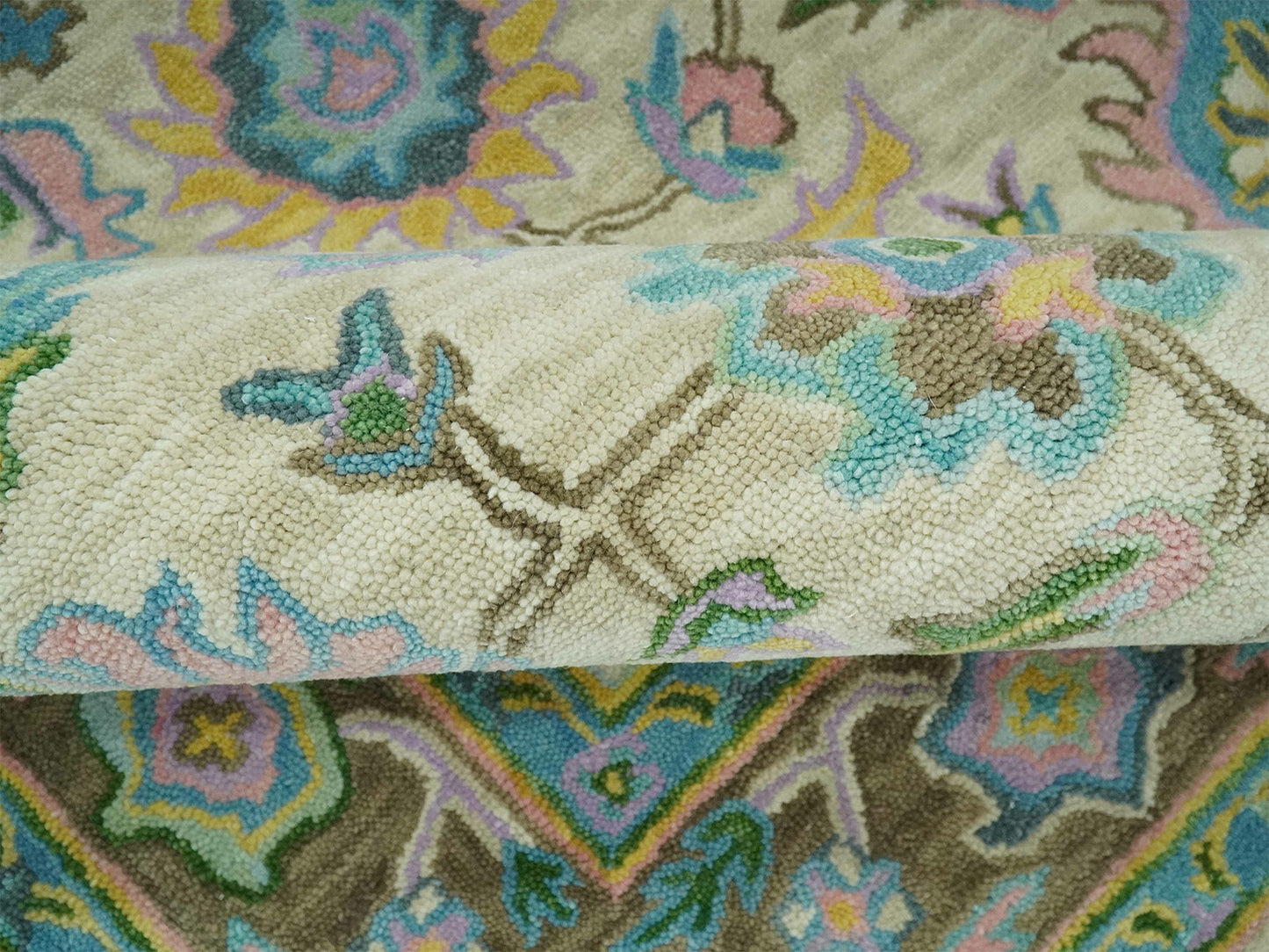 Handmade Vintage Oushak Rug | Ivory & Olive Green Floral Wool Rug