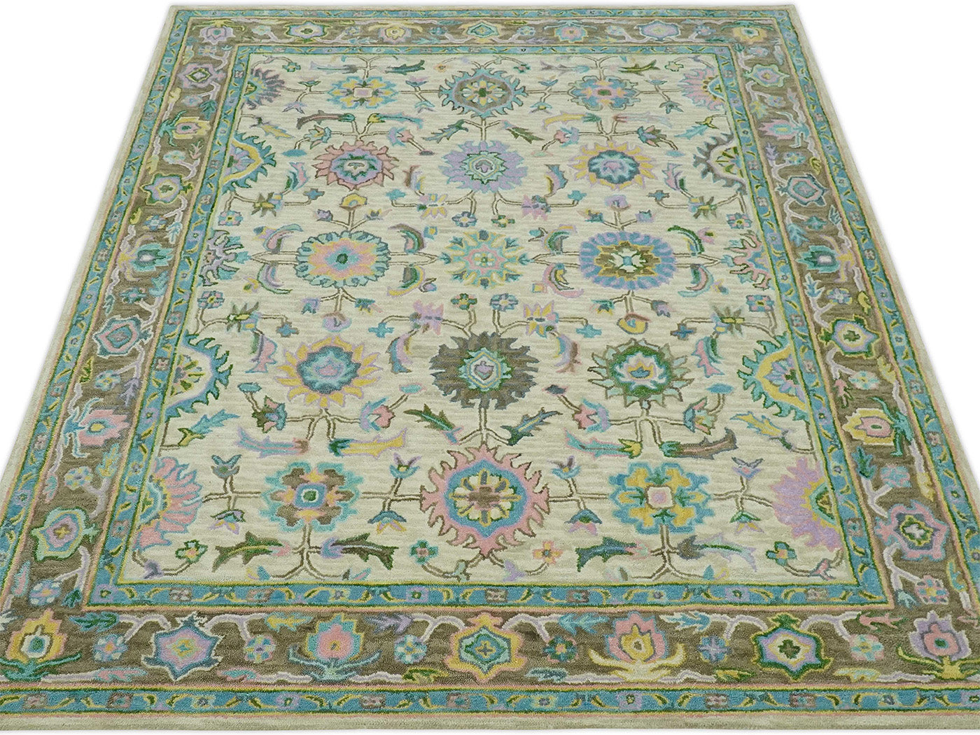 Handmade Vintage Oushak Rug | Ivory & Olive Green Floral Wool Rug