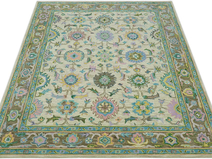 Handmade Vintage Oushak Rug | Ivory & Olive Green Floral Wool Rug