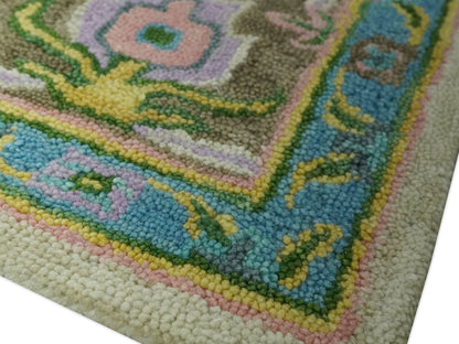 Handmade Vintage Oushak Rug | Ivory & Olive Green Floral Wool Rug