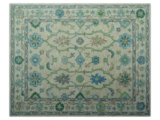 Handmade Ivory Oushak Rug with Blue & Green Floral Design | Vintage Turkish Wool Rug