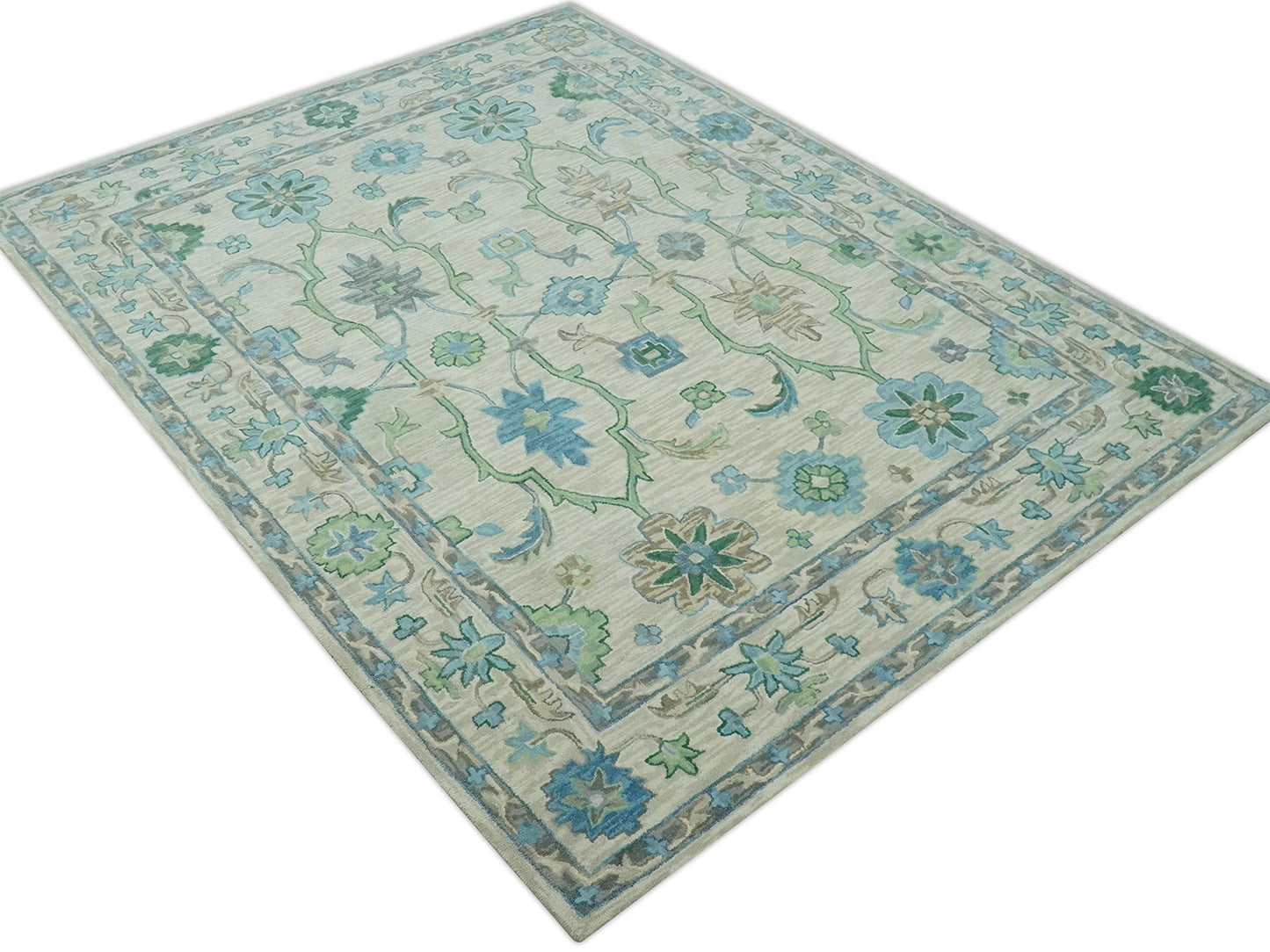Handmade Ivory Oushak Rug with Blue & Green Floral Design | Vintage Turkish Wool Rug