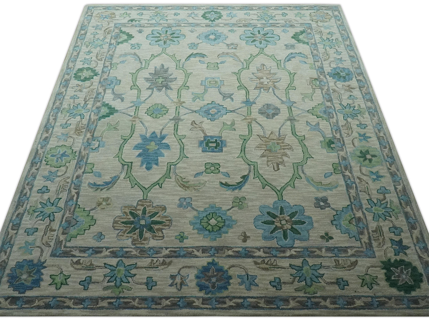Handmade Ivory Oushak Rug with Blue & Green Floral Design | Vintage Turkish Wool Rug