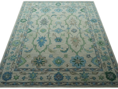 Handmade Ivory Oushak Rug with Blue & Green Floral Design | Vintage Turkish Wool Rug