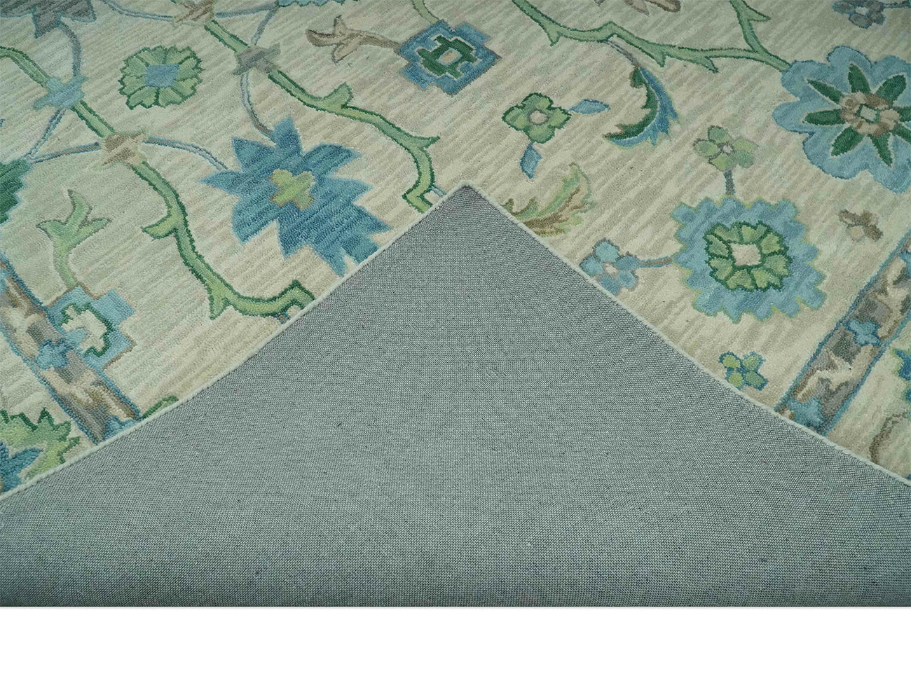 Handmade Ivory Oushak Rug with Blue & Green Floral Design | Vintage Turkish Wool Rug