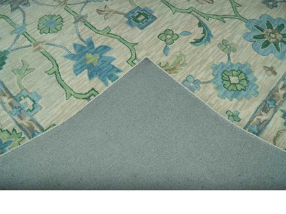 Handmade Ivory Oushak Rug with Blue & Green Floral Design | Vintage Turkish Wool Rug