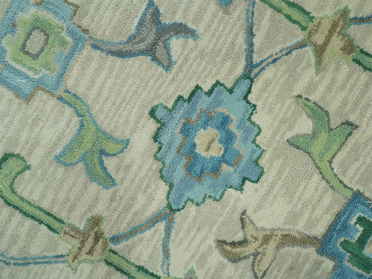 Handmade Ivory Oushak Rug with Blue & Green Floral Design | Vintage Turkish Wool Rug