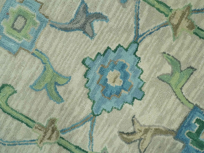 Handmade Ivory Oushak Rug with Blue & Green Floral Design | Vintage Turkish Wool Rug