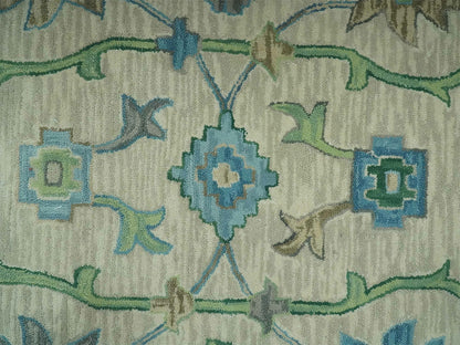 Handmade Ivory Oushak Rug with Blue & Green Floral Design | Vintage Turkish Wool Rug