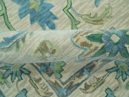 Handmade Ivory Oushak Rug with Blue & Green Floral Design | Vintage Turkish Wool Rug
