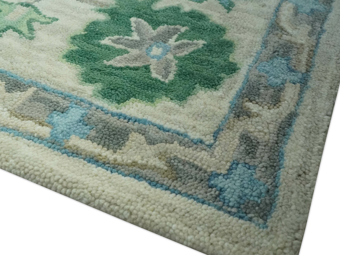 Handmade Ivory Oushak Rug with Blue & Green Floral Design | Vintage Turkish Wool Rug