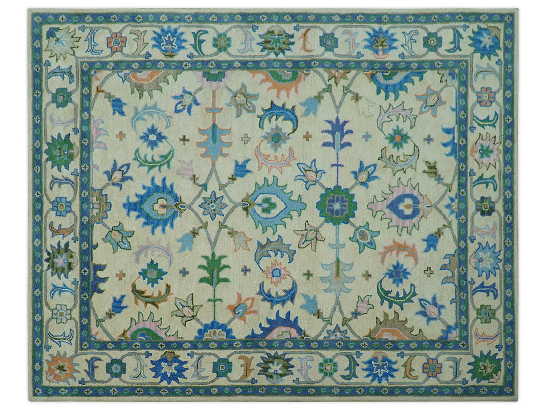 Handmade Ivory Oushak Rug | Vintage Blue and Green Floral Wool Rug
