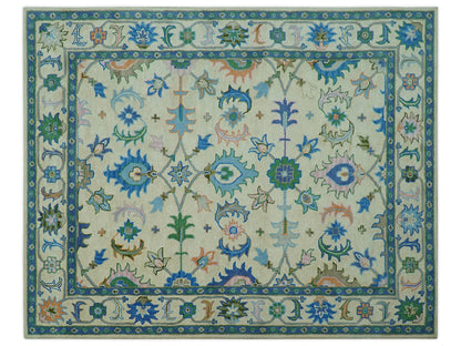 Handmade Ivory Oushak Rug | Vintage Blue and Green Floral Wool Rug