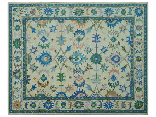 Handmade Ivory Oushak Rug | Vintage Blue and Green Floral Wool Rug
