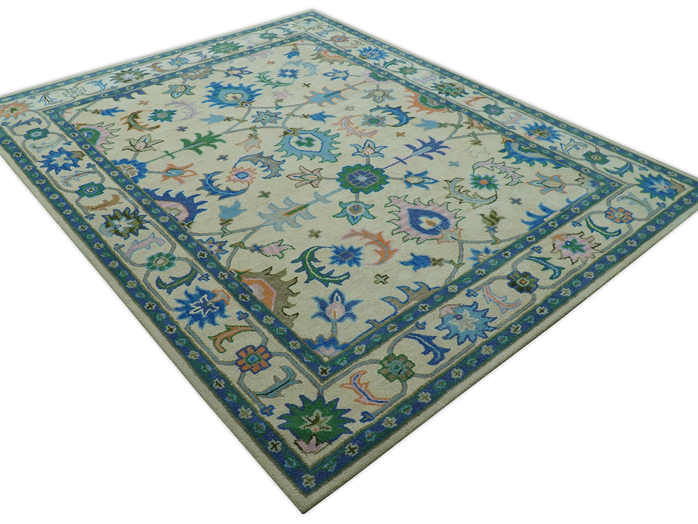 Handmade Ivory Oushak Rug | Vintage Blue and Green Floral Wool Rug
