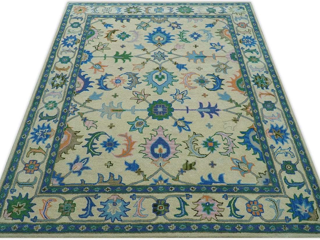 Handmade Ivory Oushak Rug | Vintage Blue and Green Floral Wool Rug