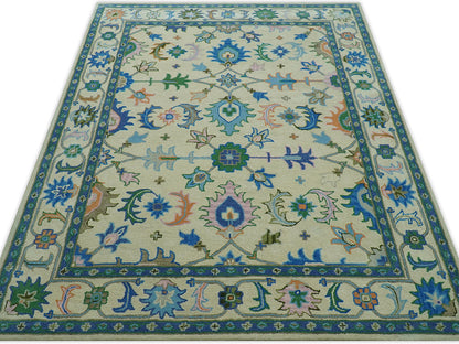 Handmade Ivory Oushak Rug | Vintage Blue and Green Floral Wool Rug
