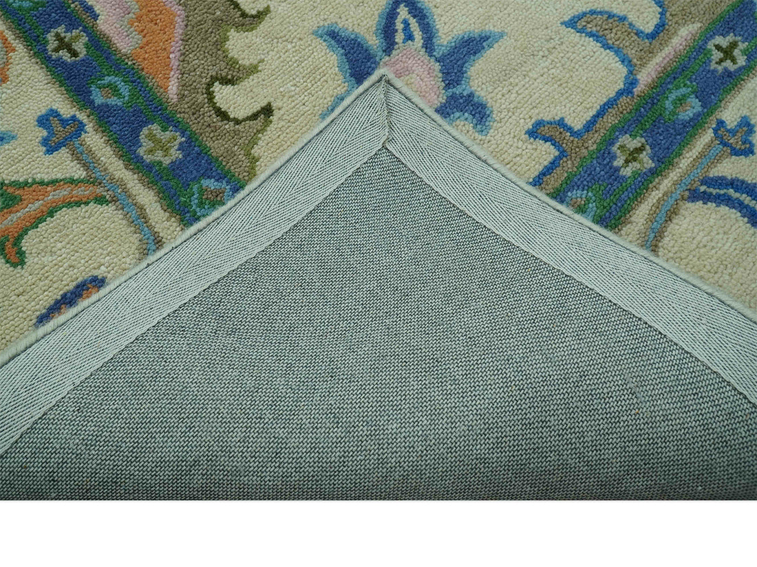 Handmade Ivory Oushak Rug | Vintage Blue and Green Floral Wool Rug