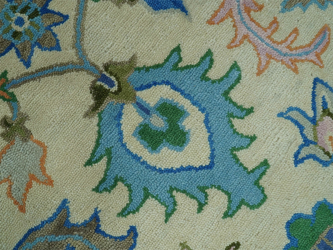 Handmade Ivory Oushak Rug | Vintage Blue and Green Floral Wool Rug
