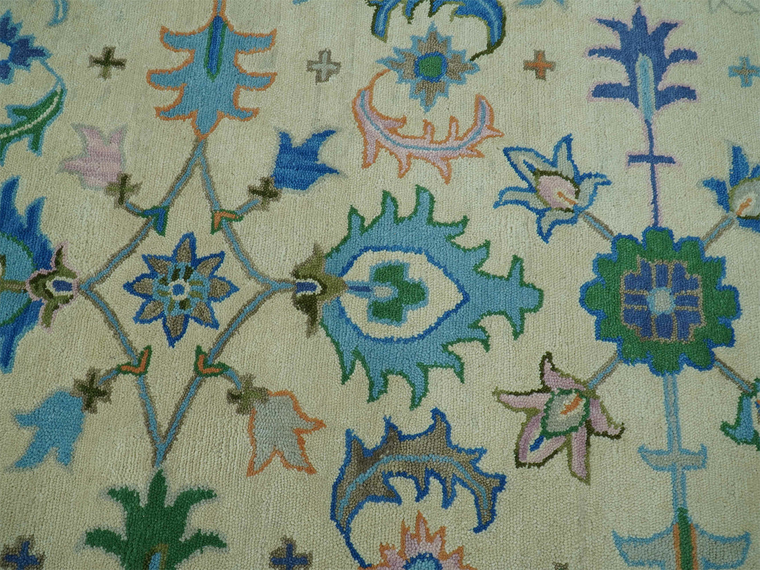 Handmade Ivory Oushak Rug | Vintage Blue and Green Floral Wool Rug