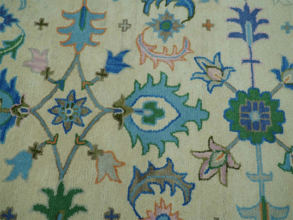 Handmade Ivory Oushak Rug | Vintage Blue and Green Floral Wool Rug