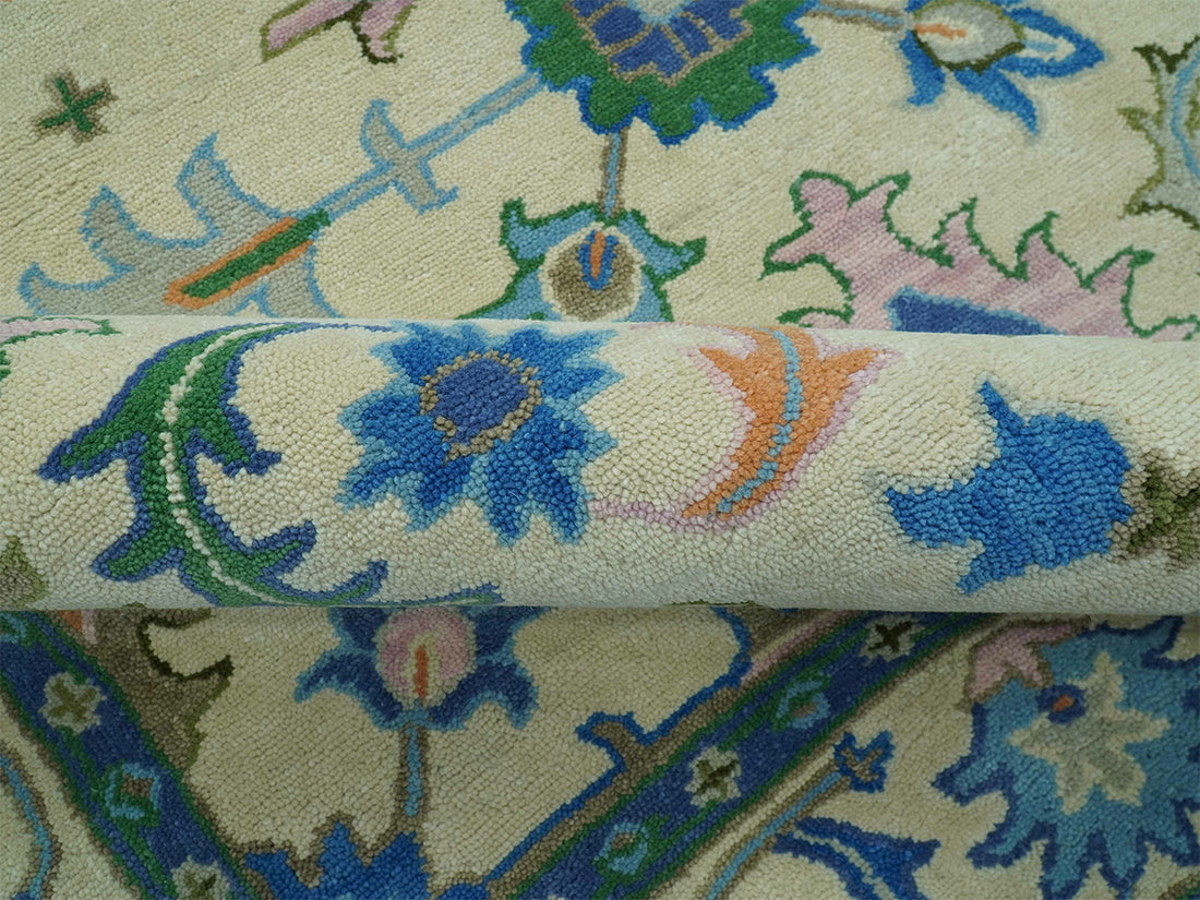 Handmade Ivory Oushak Rug | Vintage Blue and Green Floral Wool Rug