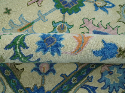 Handmade Ivory Oushak Rug | Vintage Blue and Green Floral Wool Rug