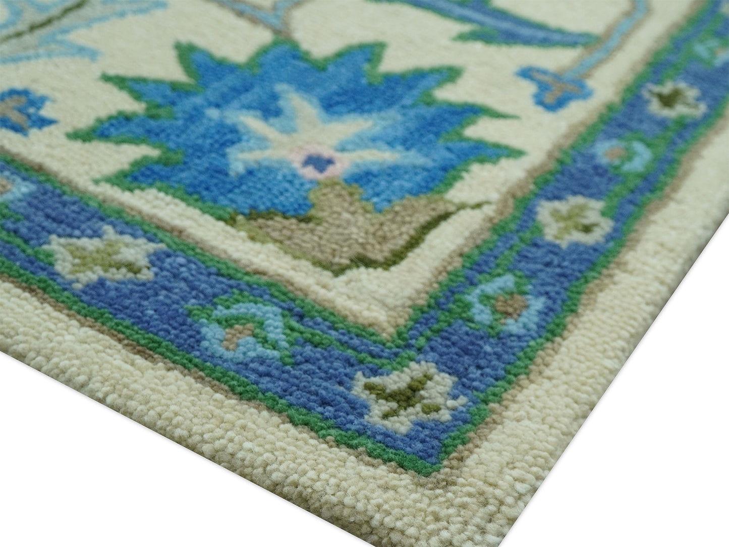Handmade Ivory Oushak Rug | Vintage Blue and Green Floral Wool Rug