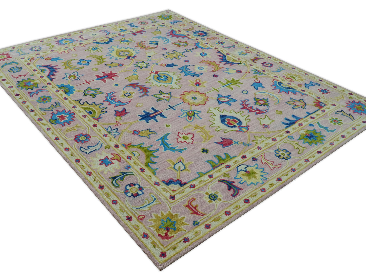 Handmade Pink & Gold Oushak Rug | Vintage Turkish Floral Wool Area Rug