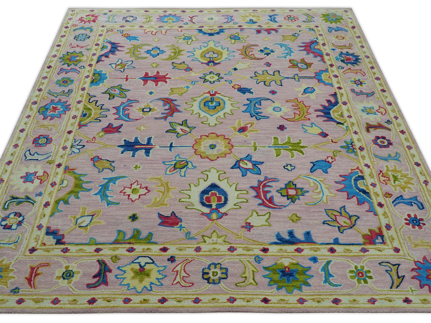 Handmade Pink & Gold Oushak Rug | Vintage Turkish Floral Wool Area Rug