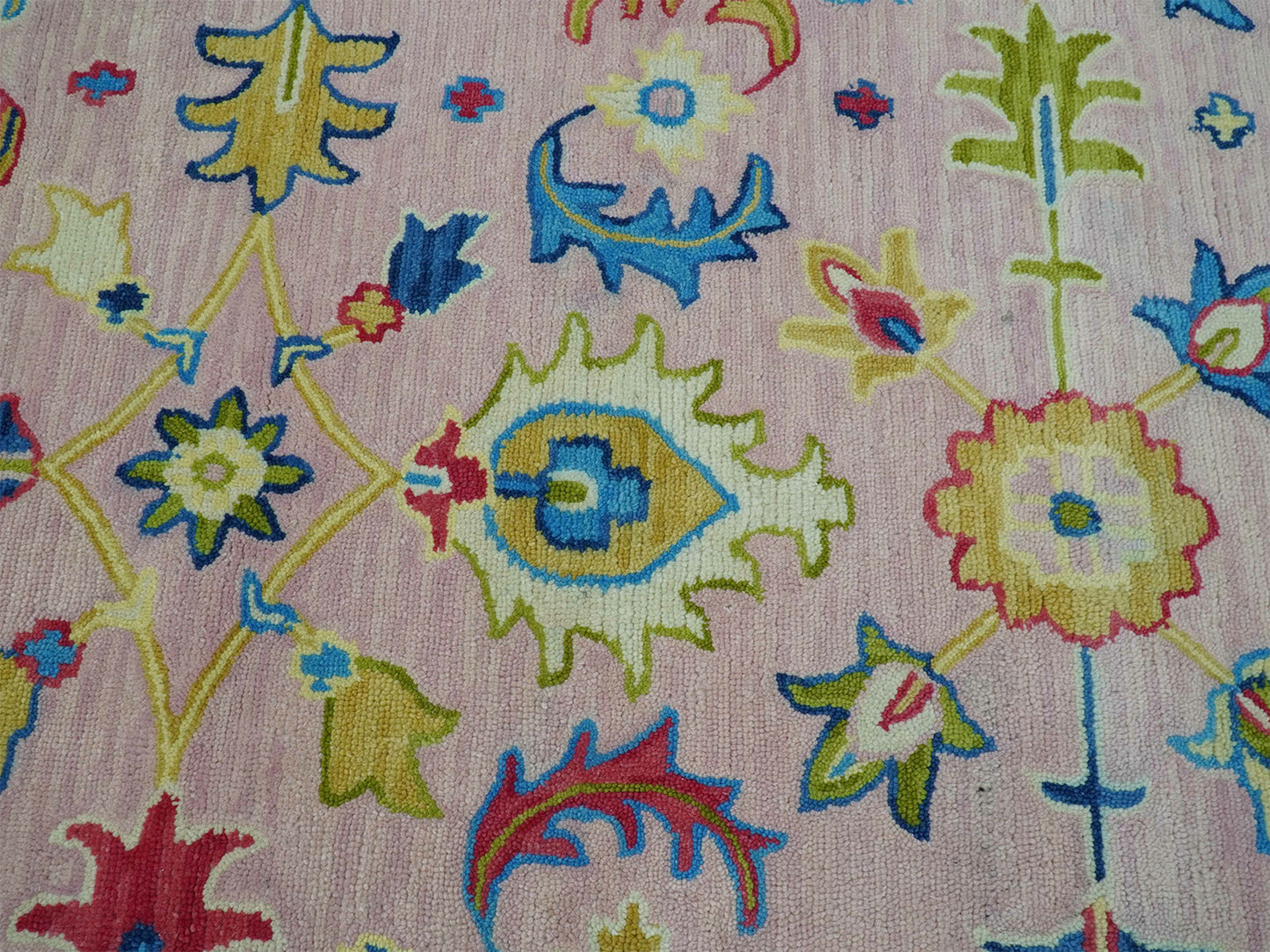 Handmade Pink & Gold Oushak Rug | Vintage Turkish Floral Wool Area Rug
