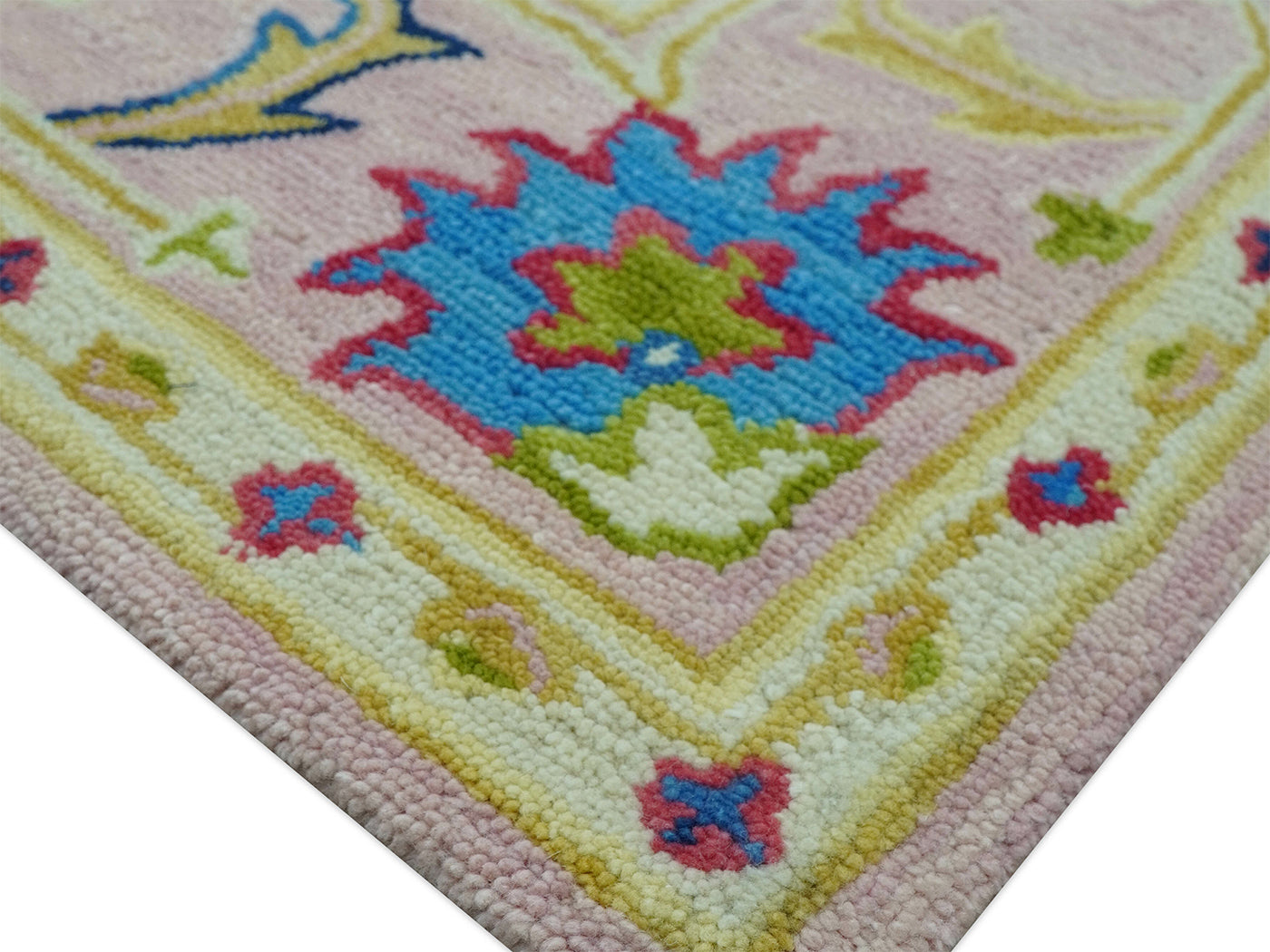 Handmade Pink & Gold Oushak Rug | Vintage Turkish Floral Wool Area Rug