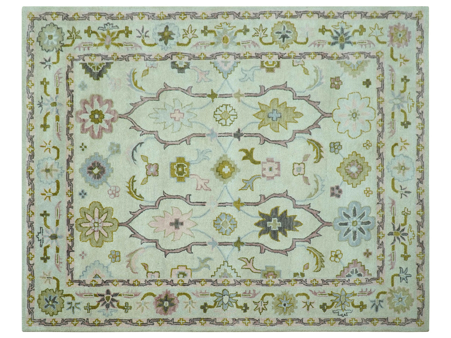 Handmade Ivory & Olive Green Oushak Rug | Vintage Turkish Style Floral Rug