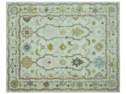 Handmade Ivory & Olive Green Oushak Rug | Vintage Turkish Style Floral Rug