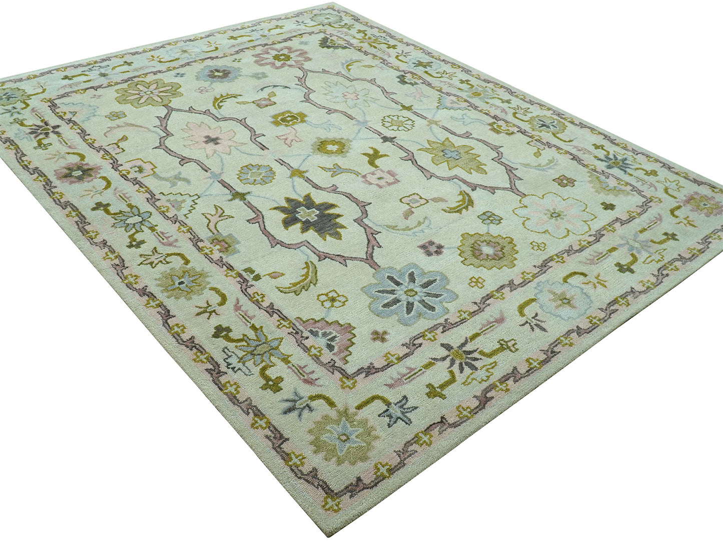 Handmade Ivory & Olive Green Oushak Rug | Vintage Turkish Style Floral Rug