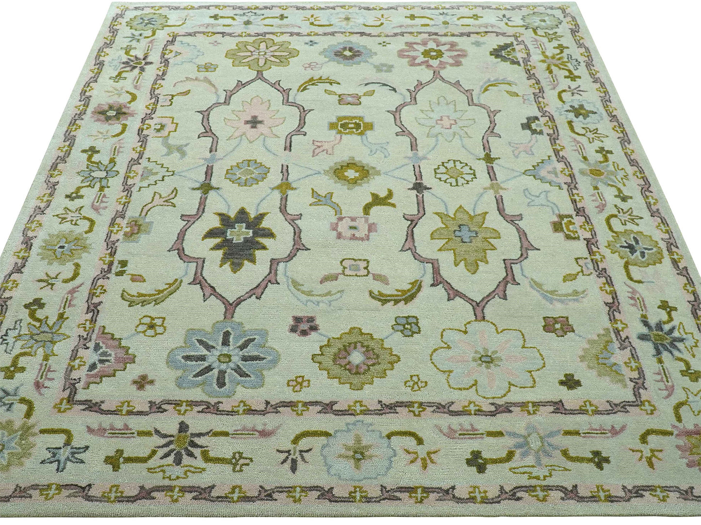Handmade Ivory & Olive Green Oushak Rug | Vintage Turkish Style Floral Rug