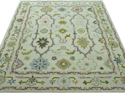 Handmade Ivory & Olive Green Oushak Rug | Vintage Turkish Style Floral Rug