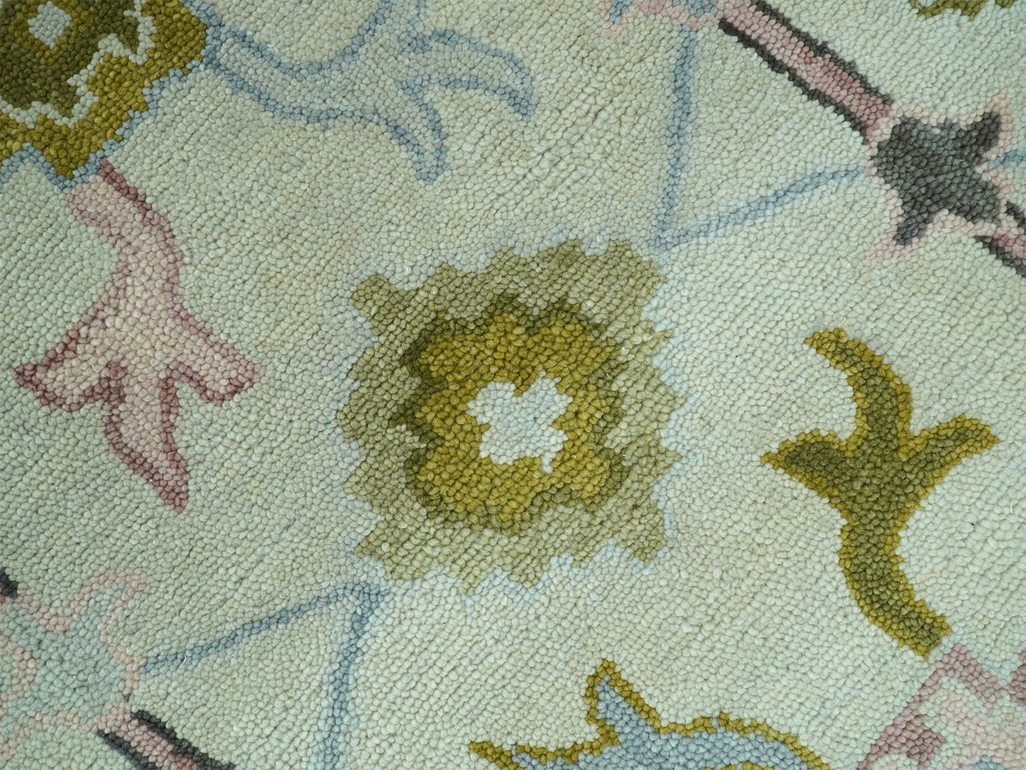 Handmade Ivory & Olive Green Oushak Rug | Vintage Turkish Style Floral Rug