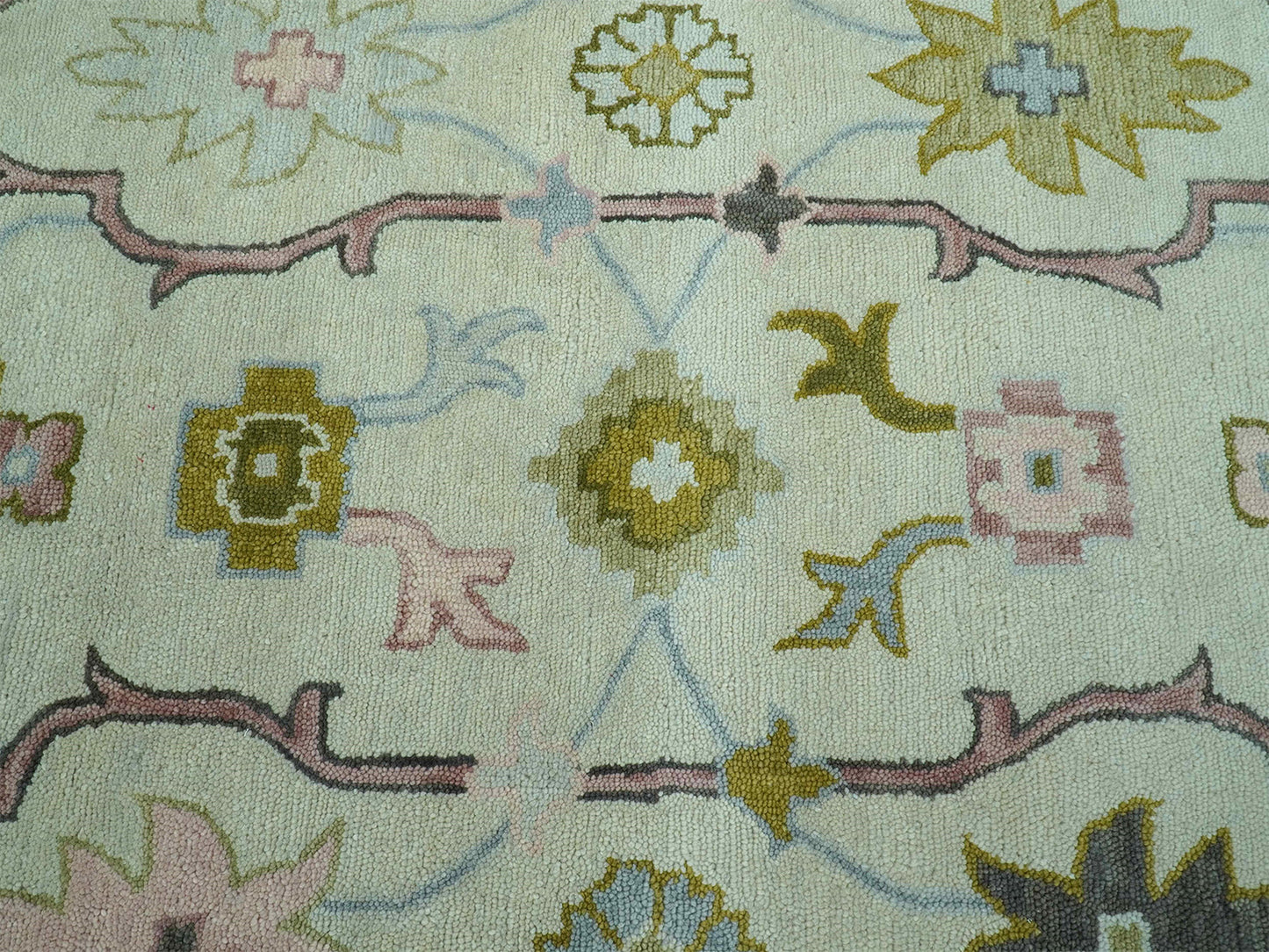 Handmade Ivory & Olive Green Oushak Rug | Vintage Turkish Style Floral Rug