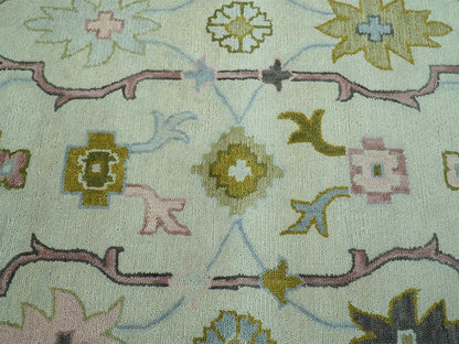 Handmade Ivory & Olive Green Oushak Rug | Vintage Turkish Style Floral Rug