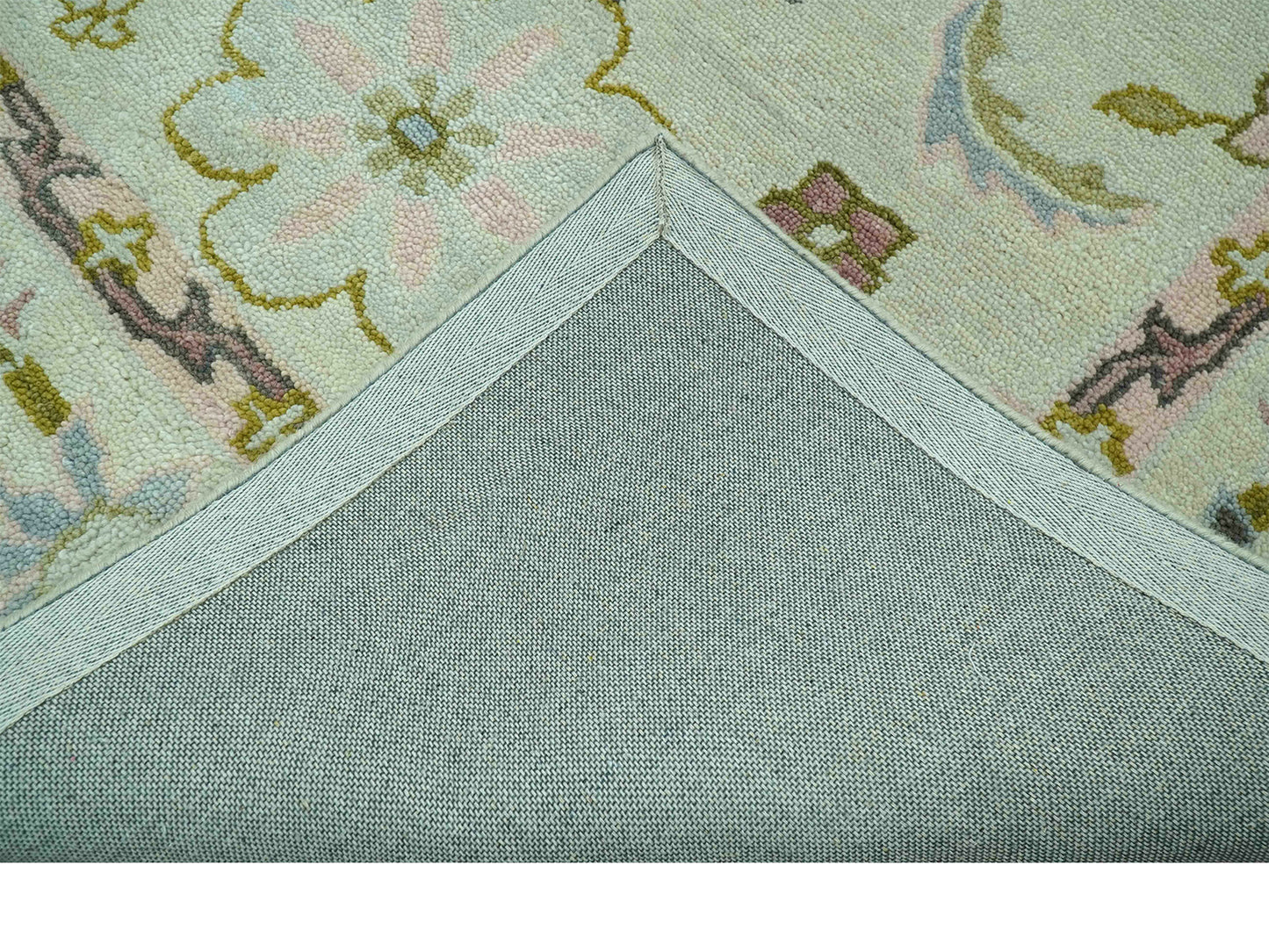 Handmade Ivory & Olive Green Oushak Rug | Vintage Turkish Style Floral Rug