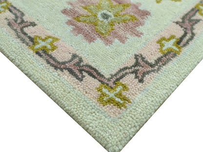 Handmade Ivory & Olive Green Oushak Rug | Vintage Turkish Style Floral Rug