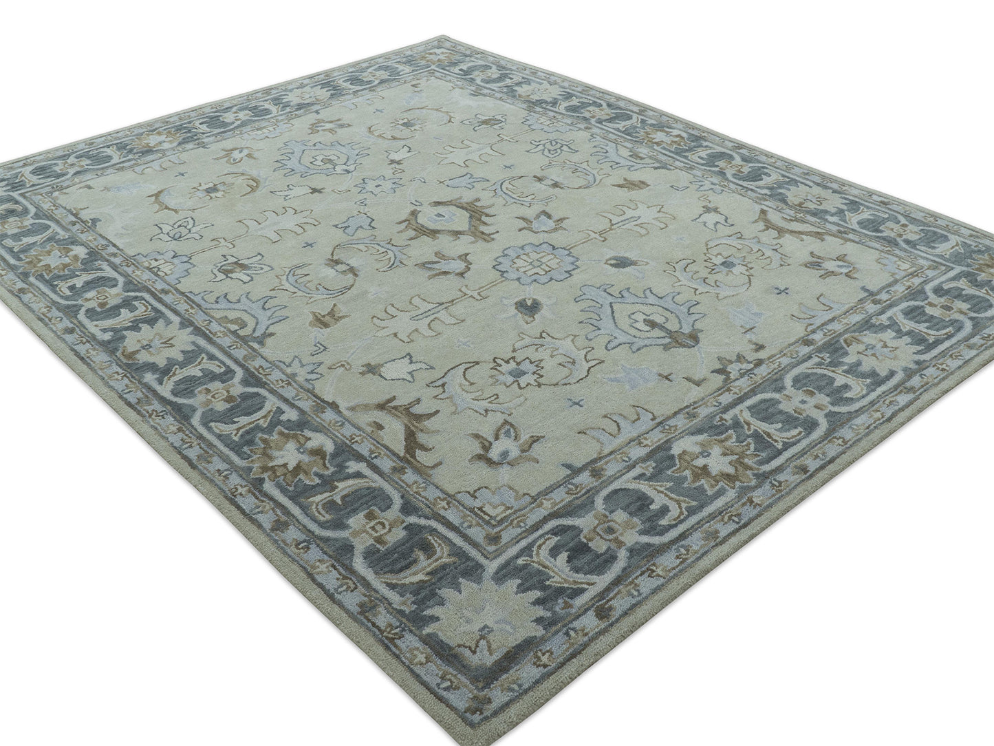 Handmade Ivory Oushak Rug| Vintage Turkish Style Floral Rug