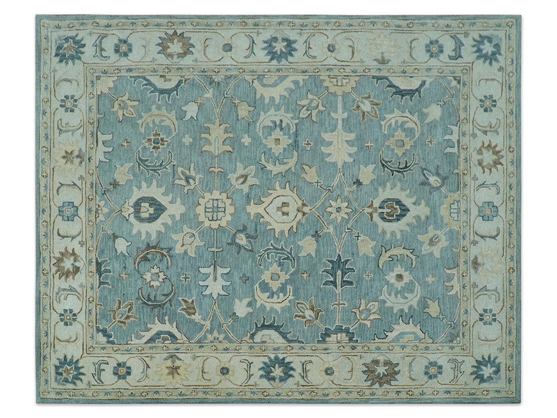 Handmade Blue Oushak Rug | Vintage Turkish Style Floral Rug