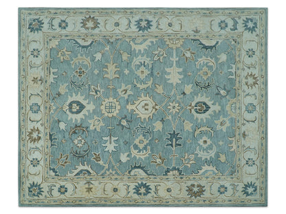 Handmade Blue Oushak Rug | Vintage Turkish Style Floral Rug