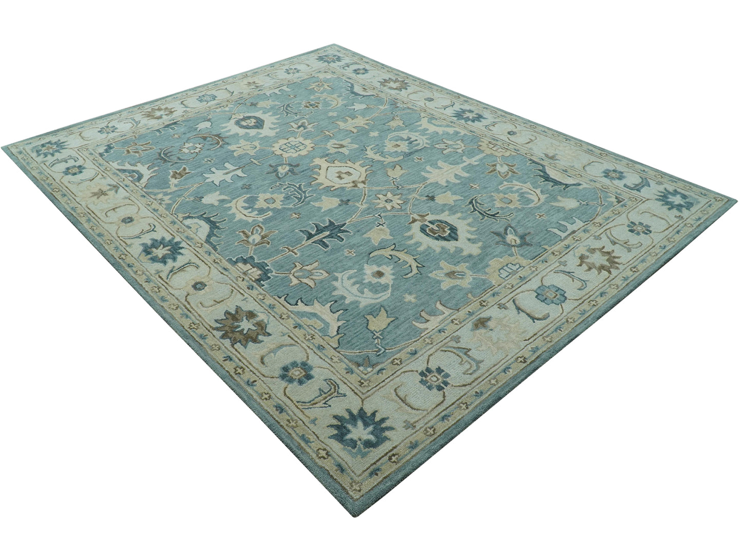 Handmade Blue Oushak Rug | Vintage Turkish Style Floral Rug