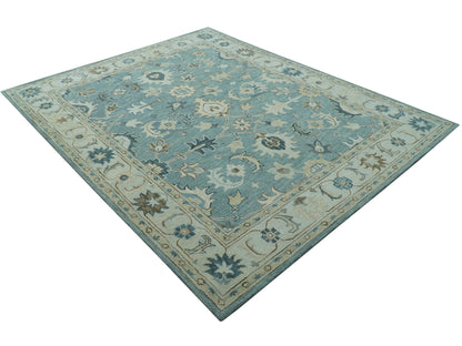 Handmade Blue Oushak Rug | Vintage Turkish Style Floral Rug