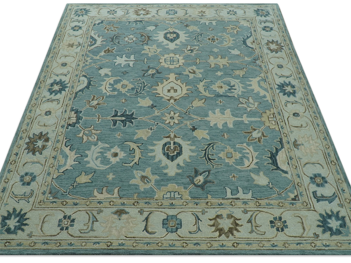 Handmade Blue Oushak Rug | Vintage Turkish Style Floral Rug