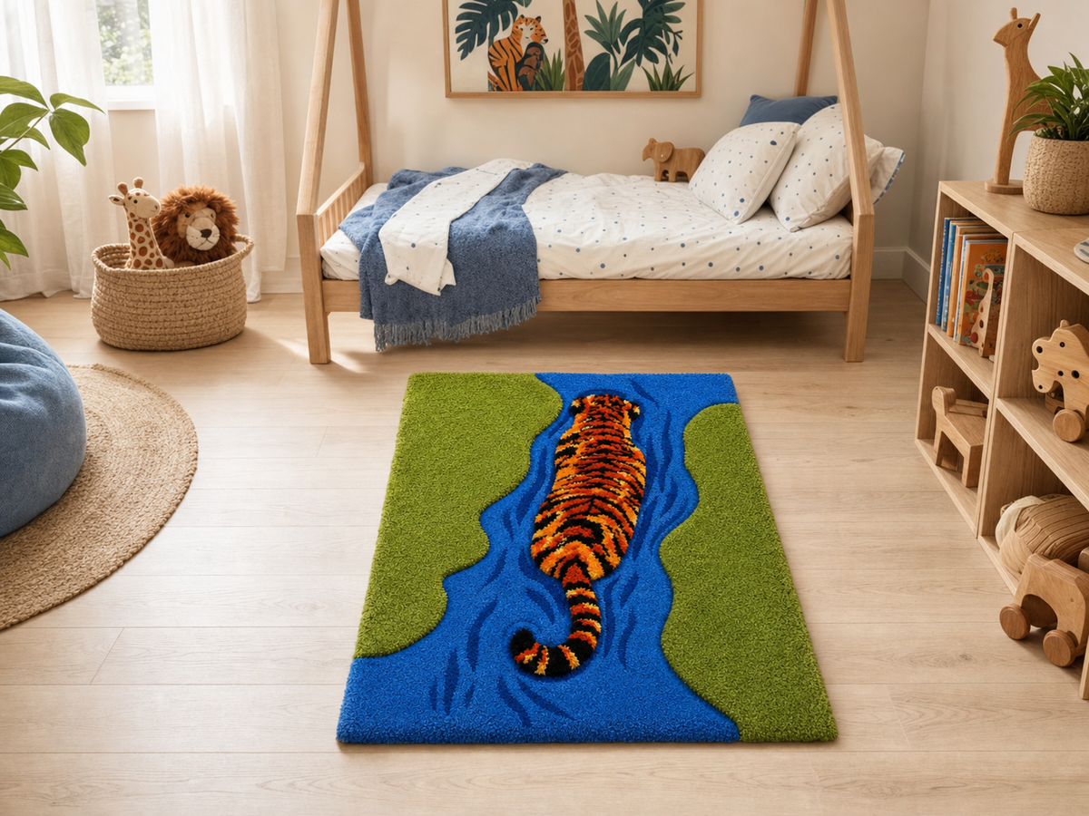 Hand Tufted Wool Tiger Rug in Blue, Green & Orange | Modern Animal Area Rug