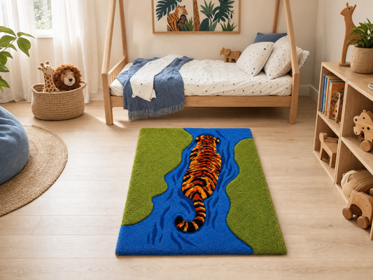 Hand Tufted Wool Tiger Rug in Blue, Green & Orange | Modern Animal Area Rug